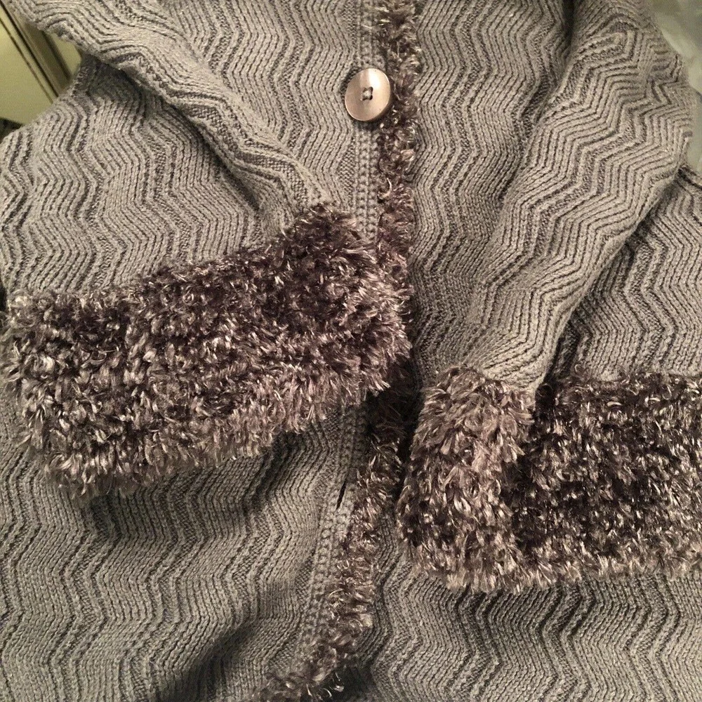 Michael Simon Rare Y2K Sweater Slate Blue Fab Buttons‎ Fur Collar Beautiful Knit